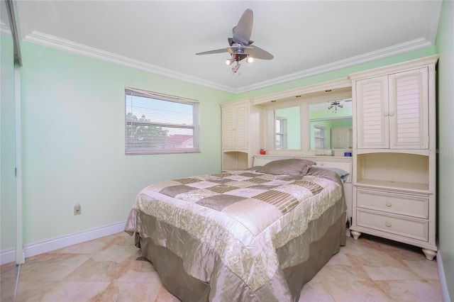 bedroom with ceiling fan and crown molding