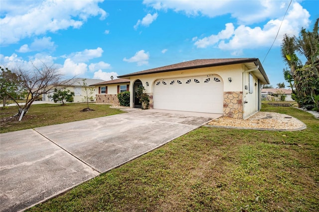 single story home featuring a garage and a front yard