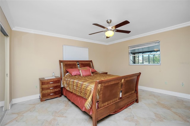 bedroom featuring ceiling fan and ornamental molding