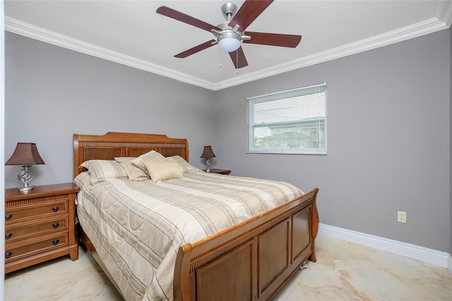 tiled bedroom with ceiling fan and crown molding