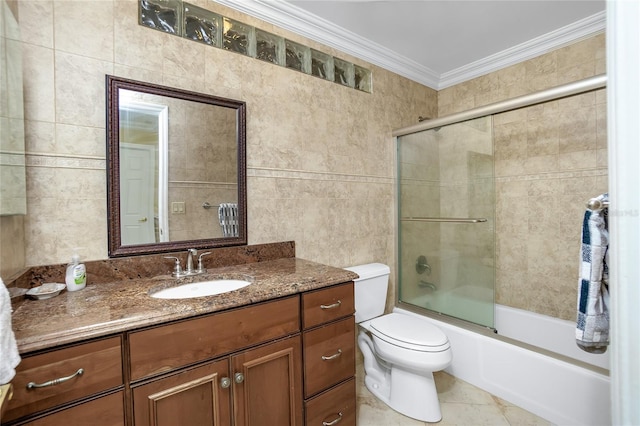 full bathroom featuring tile patterned flooring, tile walls, ornamental molding, and combined bath / shower with glass door