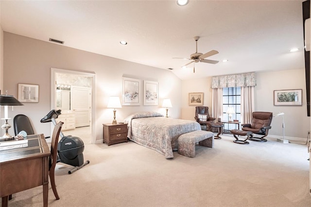 carpeted bedroom featuring ceiling fan and lofted ceiling