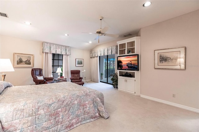 bedroom with light carpet, vaulted ceiling, and ceiling fan