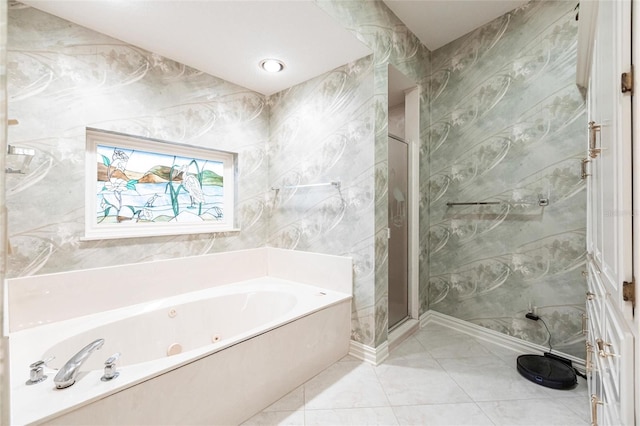 bathroom featuring shower with separate bathtub and tile patterned floors