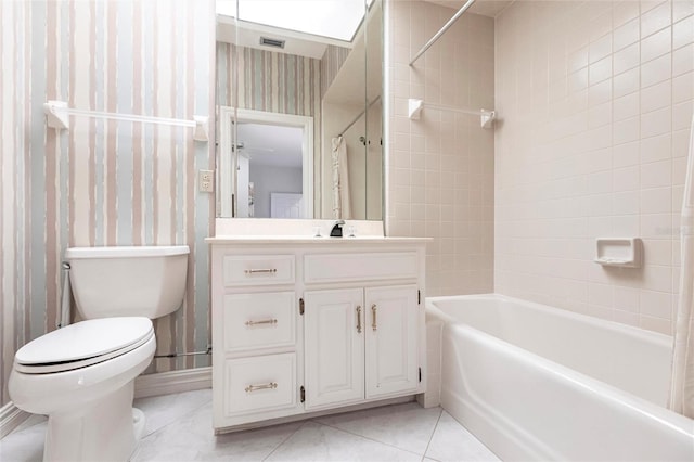 full bathroom featuring tile patterned flooring, vanity, toilet, and shower / bathtub combination with curtain