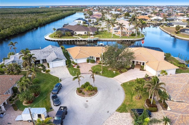 aerial view featuring a water view