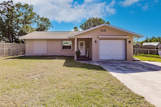 single story home featuring a garage and a front lawn