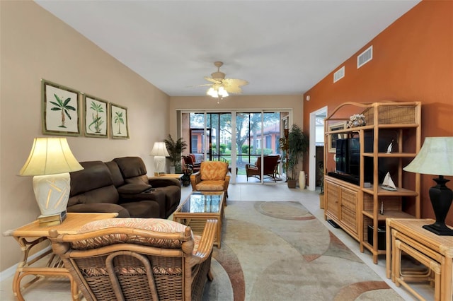 living room with ceiling fan