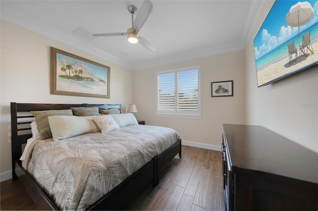 bedroom featuring ceiling fan, dark hardwood / wood-style flooring, and ornamental molding