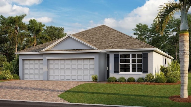 view of front of home with a front lawn and a garage