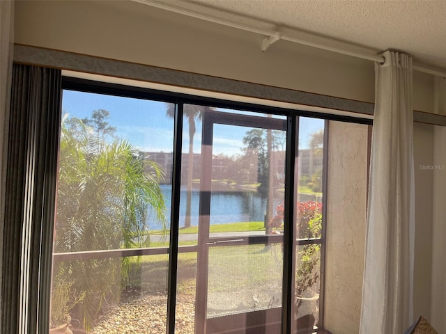 entryway with a water view, a healthy amount of sunlight, and a textured ceiling