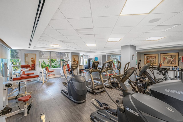 workout area with a wall of windows and a drop ceiling