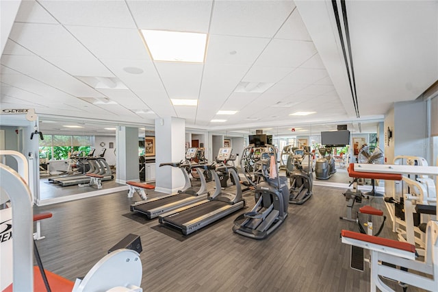 exercise room with a paneled ceiling and wood-type flooring