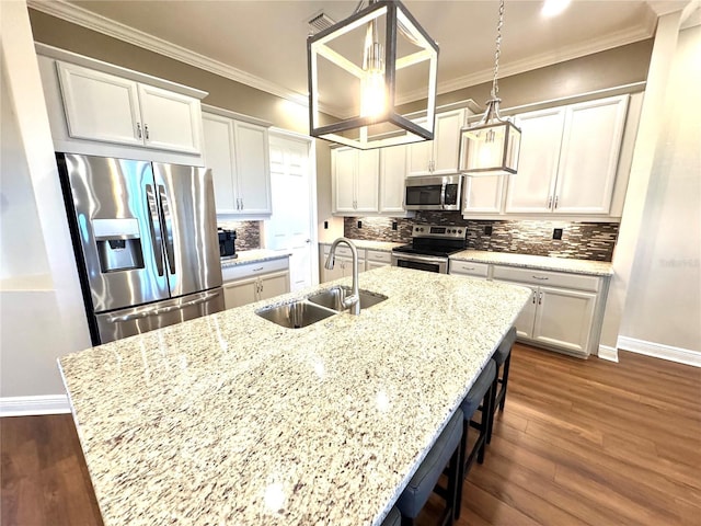 kitchen featuring white cabinetry, sink, hanging light fixtures, an island with sink, and appliances with stainless steel finishes