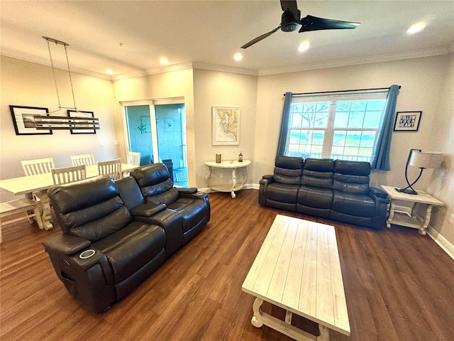 living room with dark hardwood / wood-style floors, ornamental molding, and ceiling fan with notable chandelier