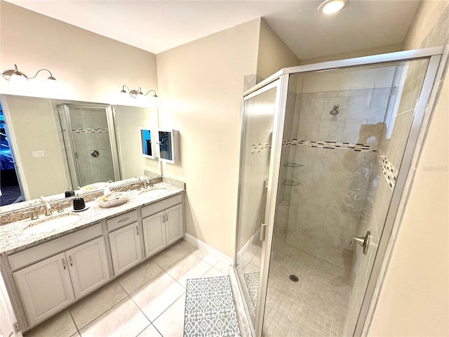 bathroom featuring tile patterned flooring, vanity, and walk in shower