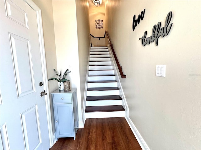 stairs featuring hardwood / wood-style flooring