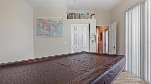 bedroom with a closet, pool table, and light hardwood / wood-style flooring