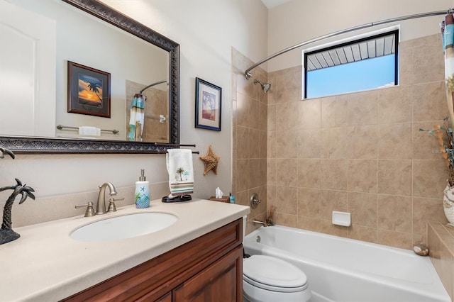 full bathroom with shower / bath combination with curtain, vanity, and toilet