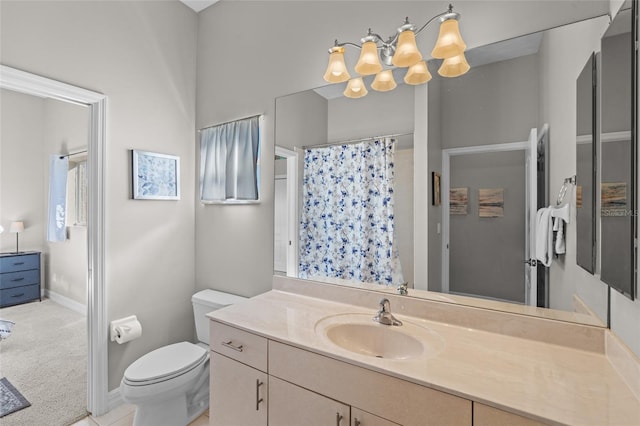 228 Nicholas Pkwy E, Cape Coral, FL 33990 - bathroom with an inviting chandelier, toilet, a shower with shower curtain, baseboards, and vanity