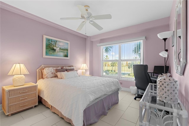 tiled bedroom with ceiling fan