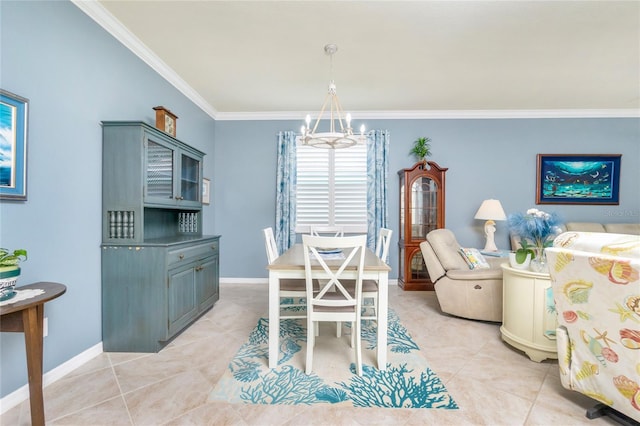 tiled dining room with crown molding and a notable chandelier