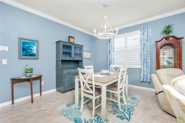 tiled dining area with crown molding and a notable chandelier