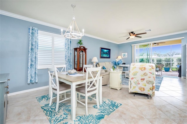 dining room featuring crown molding, light tile patterned floors, and ceiling fan with notable chandelier