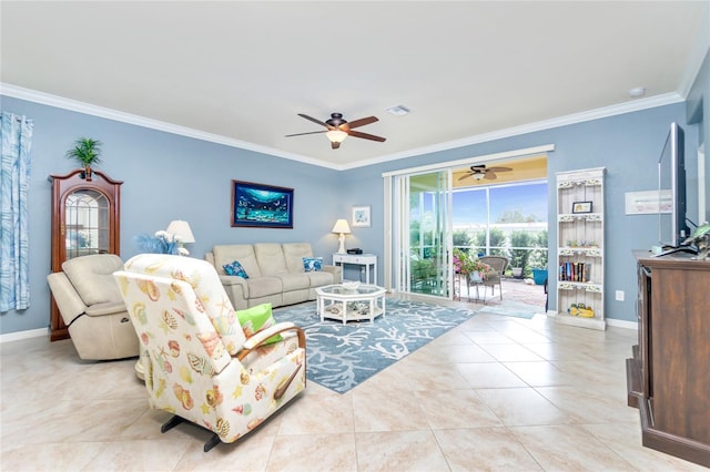 living room featuring light tile patterned floors and crown molding