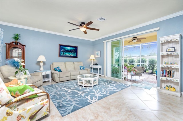 tiled living room featuring ornamental molding