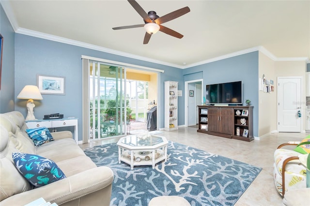 tiled living room featuring ceiling fan and crown molding