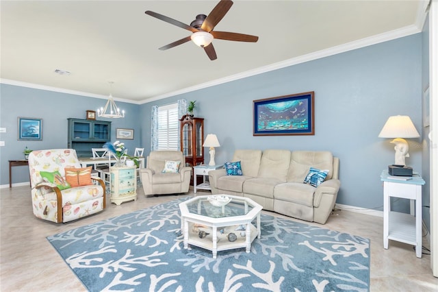 living room with ceiling fan with notable chandelier and ornamental molding