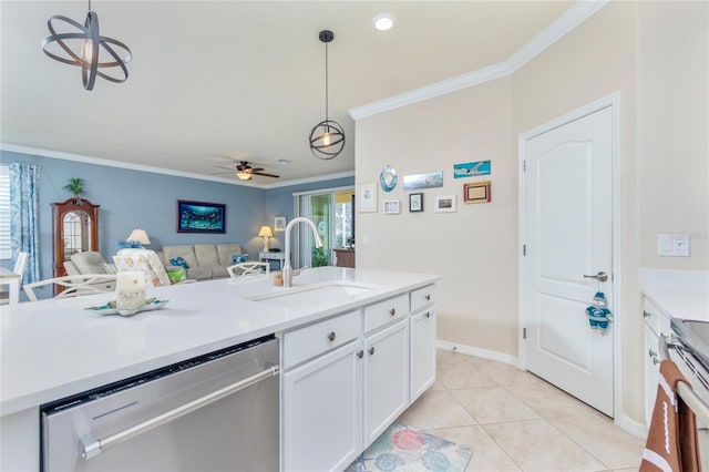 kitchen featuring sink, stainless steel dishwasher, ceiling fan, decorative light fixtures, and white cabinetry