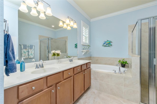 bathroom with tile patterned flooring, crown molding, a chandelier, shower with separate bathtub, and vanity