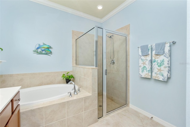 bathroom featuring plus walk in shower, vanity, ornamental molding, and tile patterned flooring