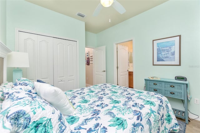 bedroom featuring ceiling fan and a closet