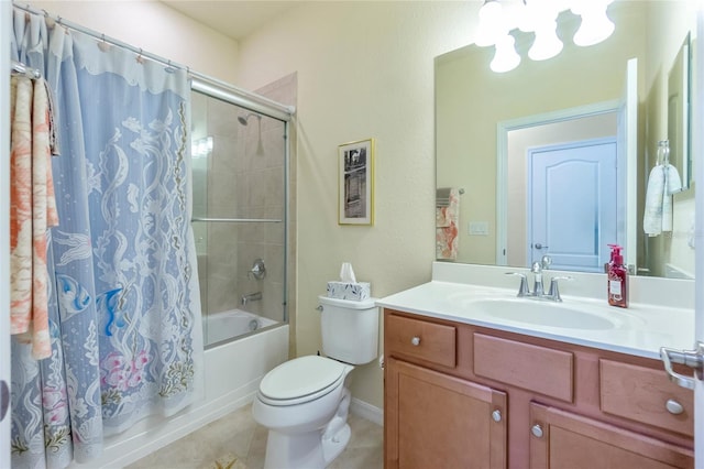 full bathroom featuring tile patterned flooring, shower / bath combo, vanity, and toilet