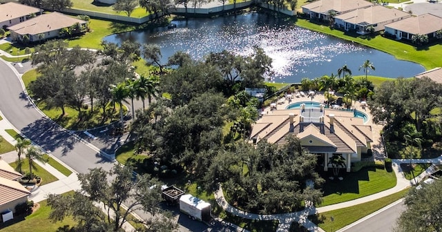 drone / aerial view featuring a water view