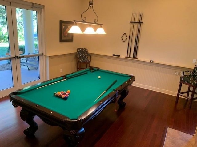 game room featuring dark wood-type flooring, billiards, and french doors