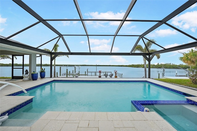 view of swimming pool featuring a patio, a dock, a water view, and glass enclosure