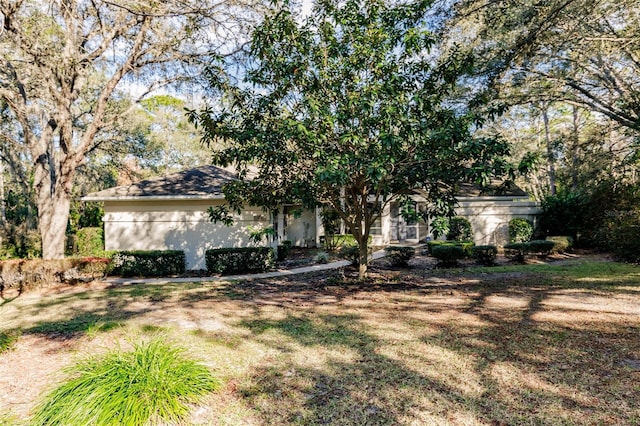 obstructed view of property with a front lawn