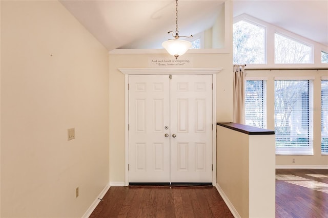 foyer featuring dark hardwood / wood-style flooring and vaulted ceiling