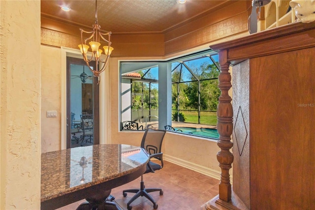 home office featuring a chandelier