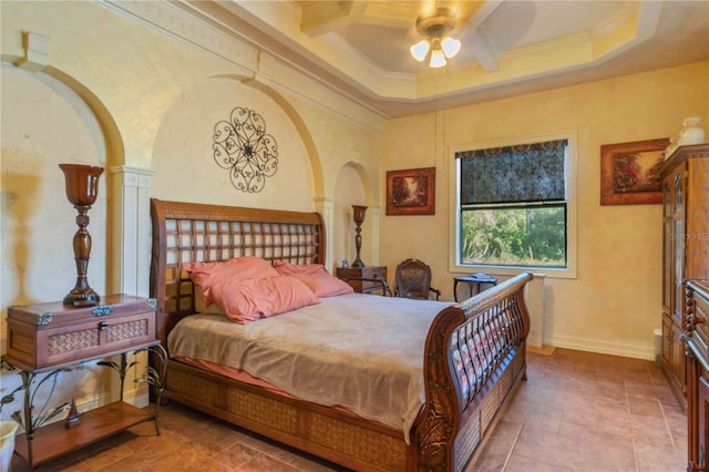 bedroom with ceiling fan and ornamental molding