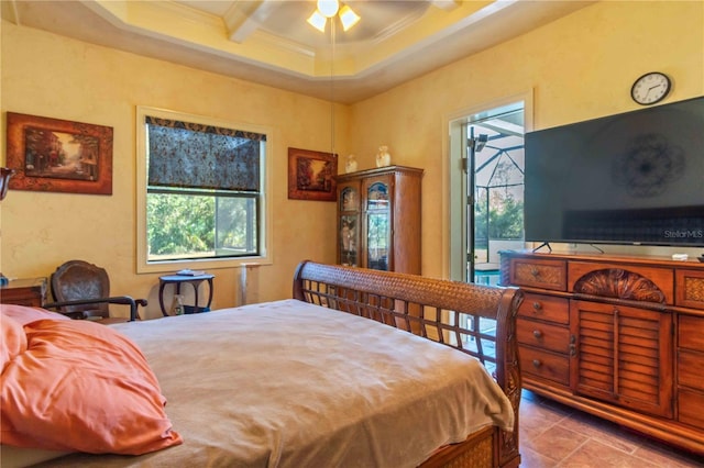 bedroom featuring ornamental molding, multiple windows, coffered ceiling, and ceiling fan