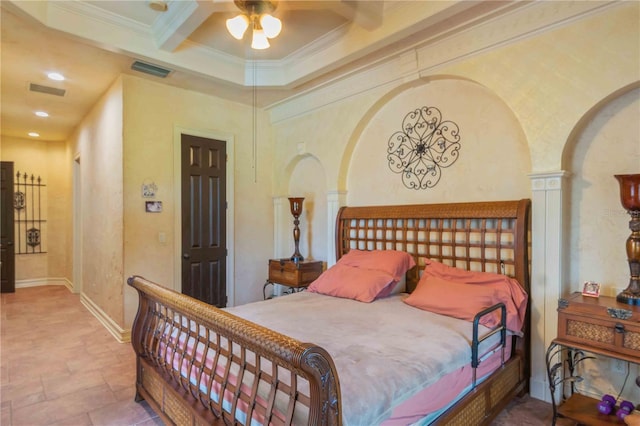 bedroom with ceiling fan, beam ceiling, ornamental molding, and coffered ceiling