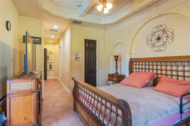 bedroom with beam ceiling, ceiling fan, and crown molding