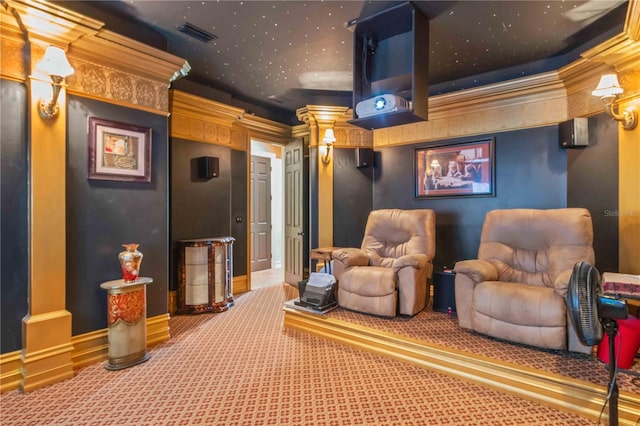 home theater room featuring carpet