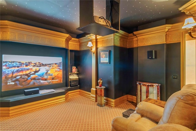 carpeted home theater room featuring a high ceiling