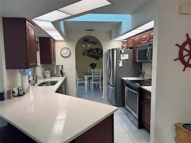 kitchen featuring sink, light tile patterned floors, ceiling fan, kitchen peninsula, and stainless steel appliances